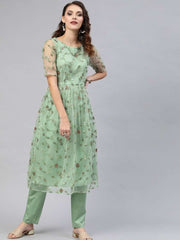 Green Net Embroidered Kurta Pant Set - Inddus.com