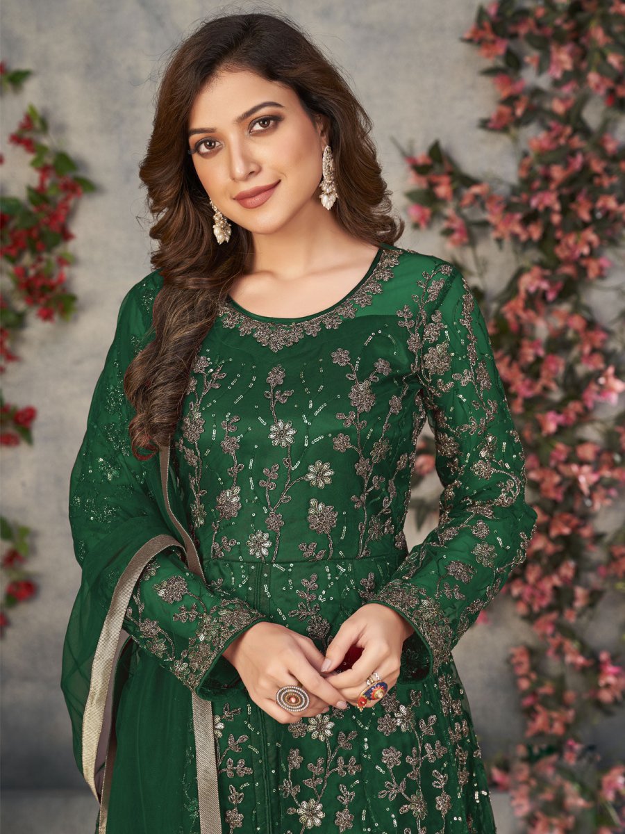 Green Net Partywear Anarkali Suit - Inddus.com