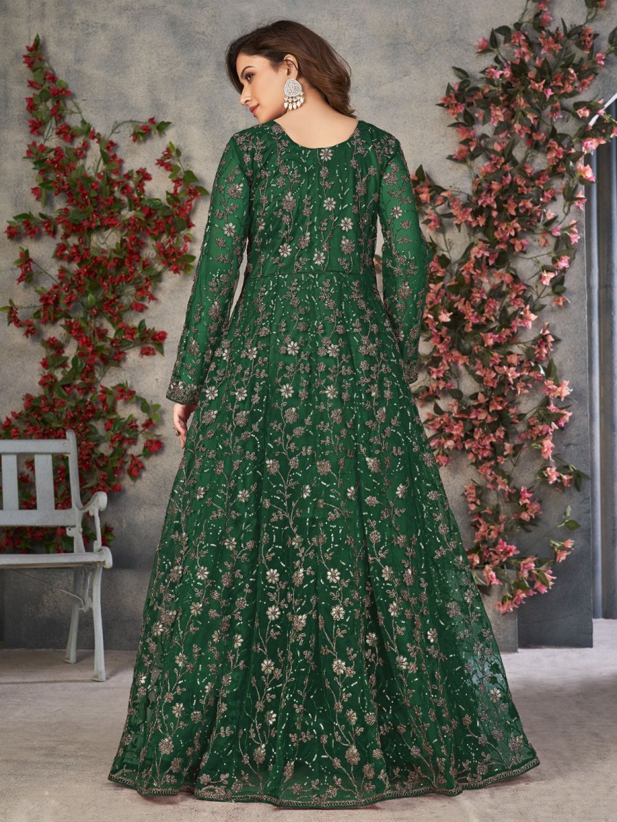 Green Net Partywear Anarkali Suit - Inddus.com