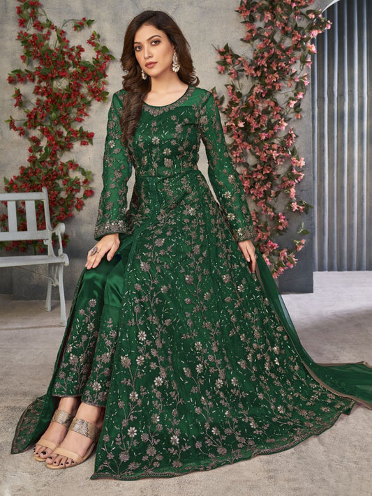 Green Net Partywear Anarkali Suit - Inddus.com