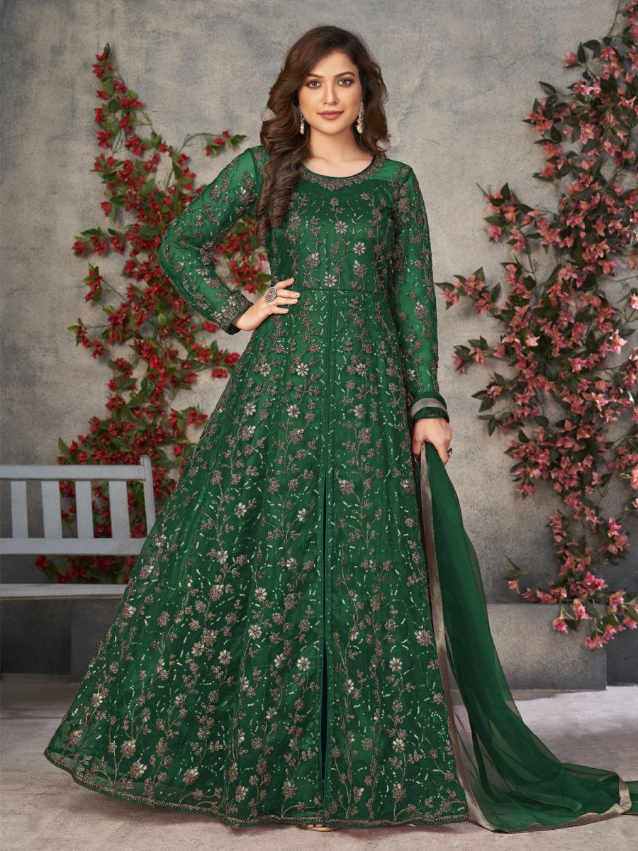 Green Net Partywear Anarkali Suit - Inddus.com
