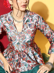 Green Net Solid Skirt with Printed Peplum Top - Inddus.com