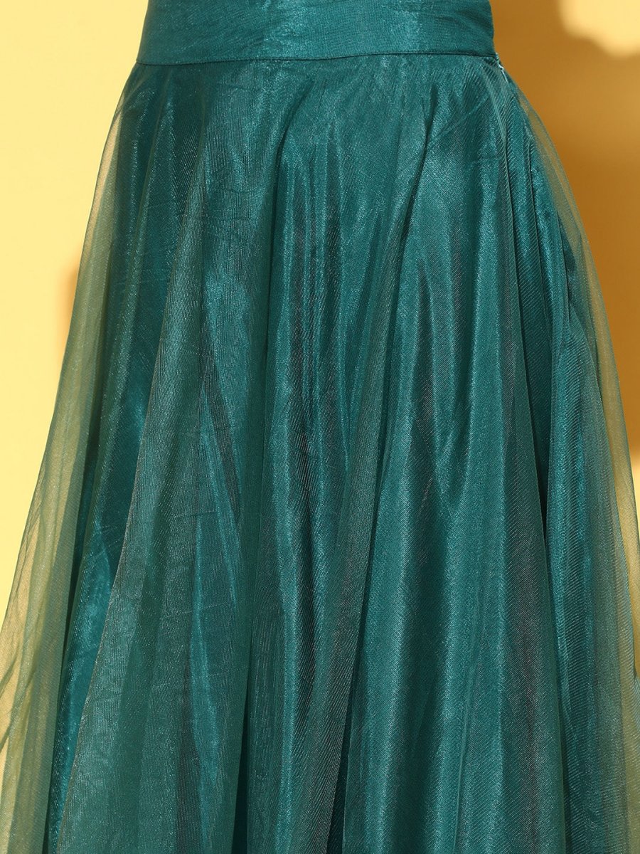 Green Net Solid Skirt with Printed Peplum Top - Inddus.com