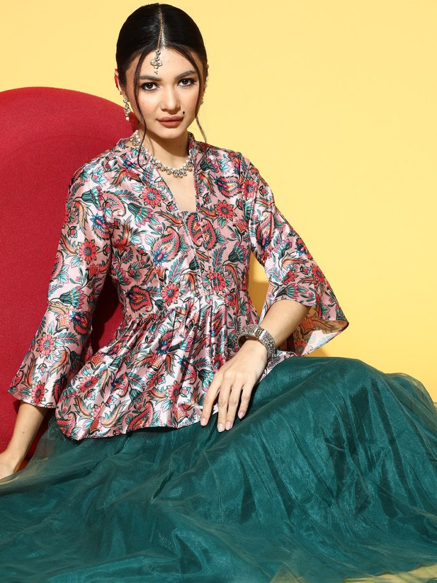 Green Net Solid Skirt with Printed Peplum Top - Inddus.com