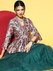 Green Net Solid Skirt with Printed Peplum Top - Inddus.com