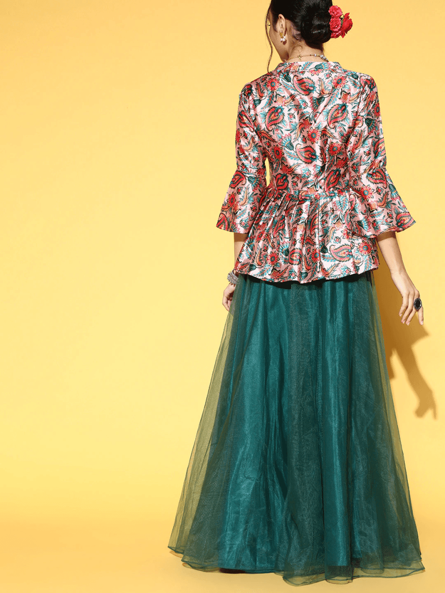 Green Net Solid Skirt with Printed Peplum Top - Inddus.com