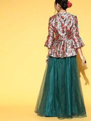 Green Net Solid Skirt with Printed Peplum Top - Inddus.com