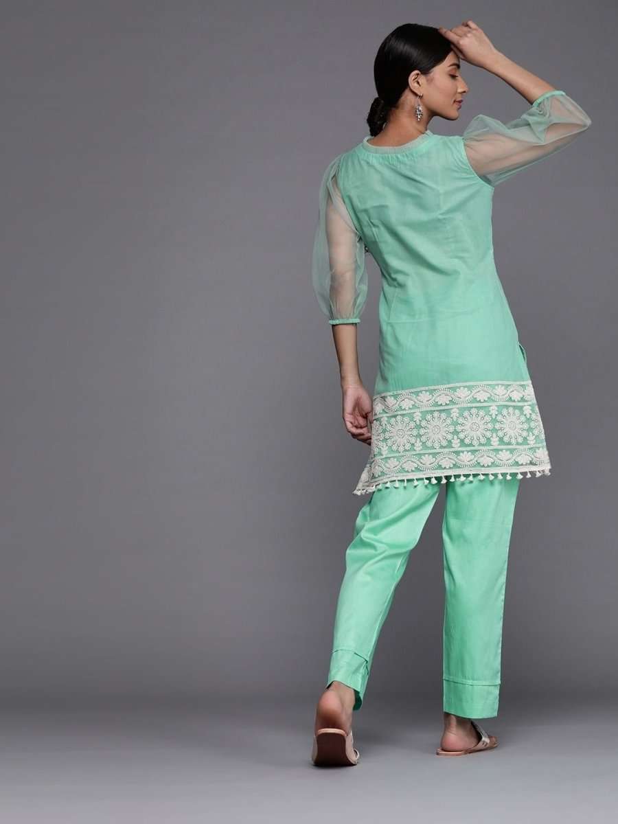 Green Net Thread Work Straight Cut Suit - Inddus.com
