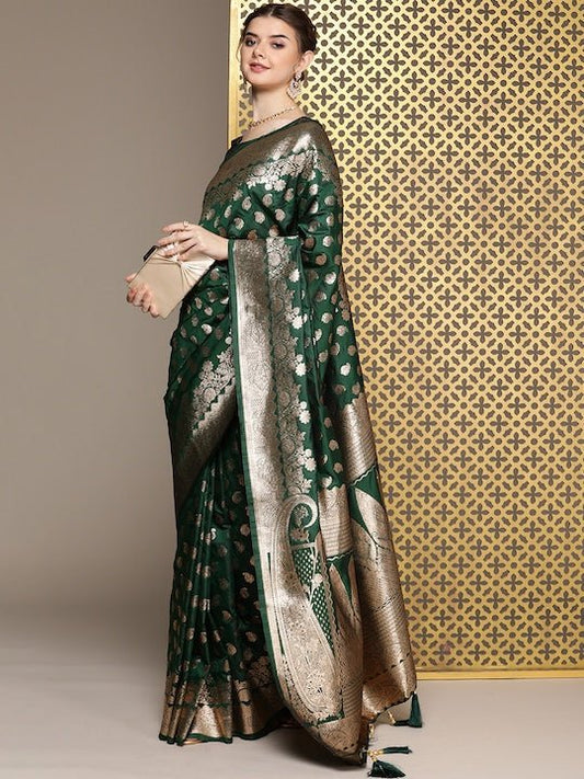 Green Paisley Woven Design Zari Pure Silk Saree - Inddus.com