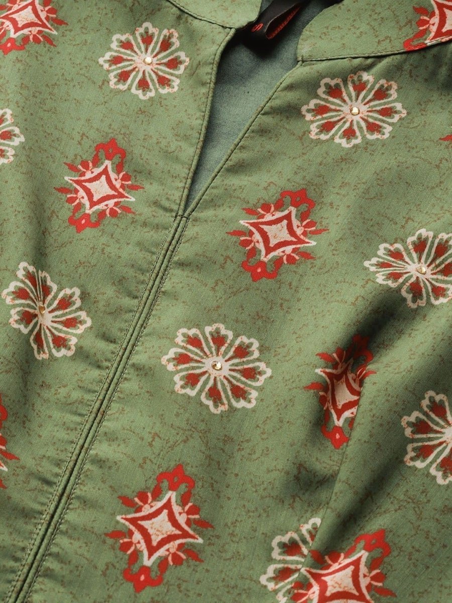 Green Patola Print Panelled Kurta with Dupatta - inddus-us