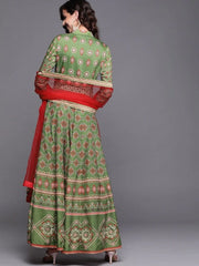 Green Patola Print Panelled Kurta with Dupatta - inddus-us