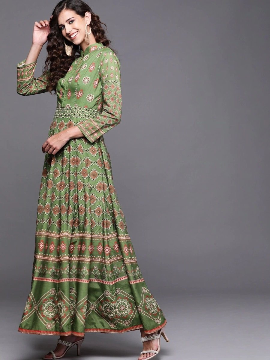Green Patola Print Panelled Kurta with Dupatta - inddus-us