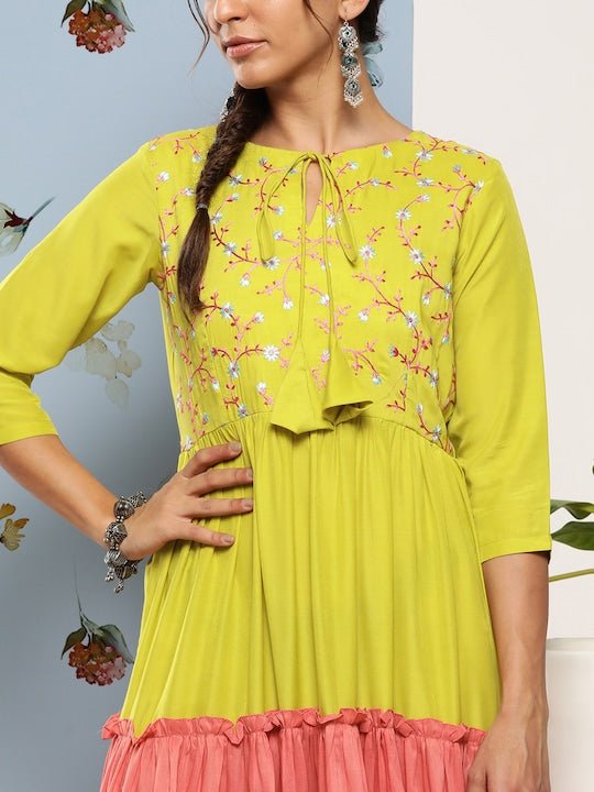 Green & Pink Colourblocked Colourblocked Tie-Up Neck Ethnic Maxi Dress - Inddus.com