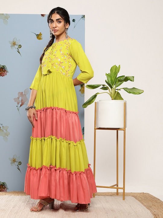 Green & Pink Colourblocked Colourblocked Tie-Up Neck Ethnic Maxi Dress - Inddus.com