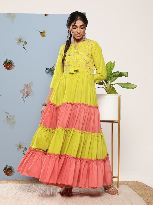 Green & Pink Colourblocked Colourblocked Tie-Up Neck Ethnic Maxi Dress - Inddus.com