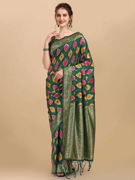 Green & Pink Ethnic Motifs Zari Silk Blend Saree - Inddus.com