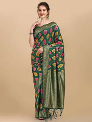 Green & Pink Ethnic Motifs Zari Silk Blend Saree - Inddus.com