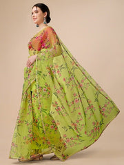Green & Pink Floral Printed Gotta Patti Organza Saree - Inddus.com