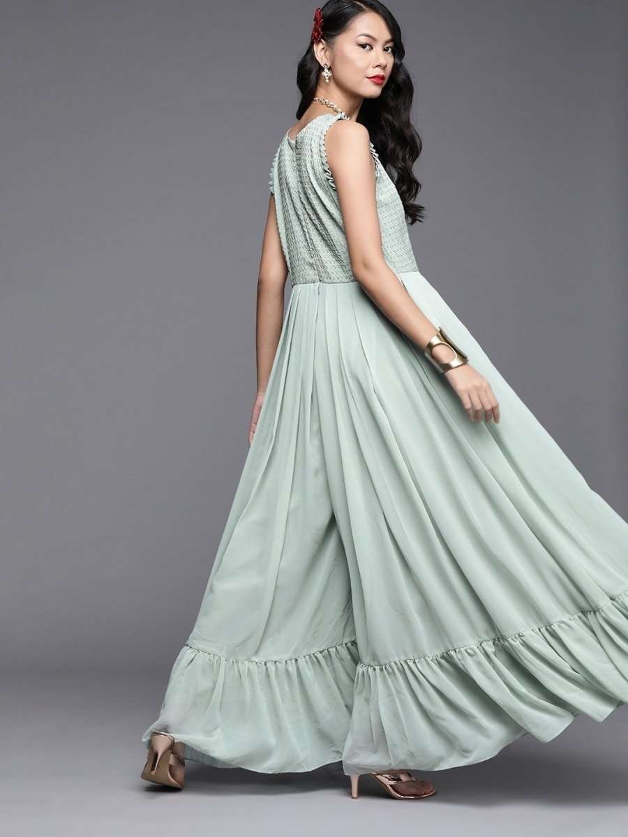 Green Poly Georgette Embroidered Jumpsuit - inddus-us