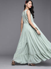 Green Poly Georgette Embroidered Jumpsuit - inddus-us