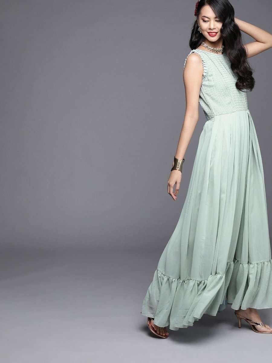 Green Poly Georgette Embroidered Jumpsuit - inddus-us