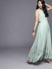 Green Poly Georgette Embroidered Jumpsuit - inddus-us