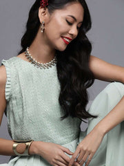 Green Poly Georgette Embroidered Jumpsuit - inddus-us