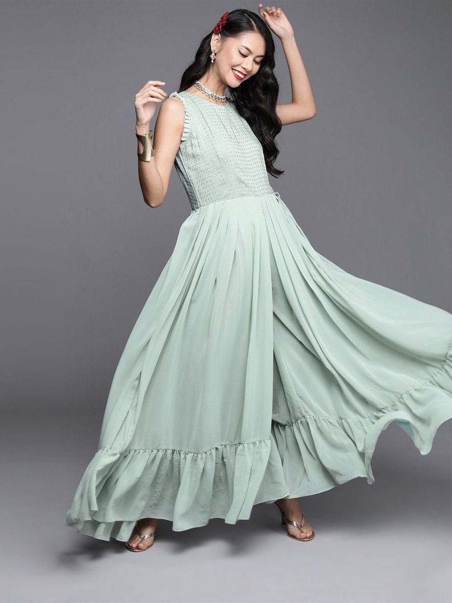 Green Poly Georgette Embroidered Jumpsuit - inddus-us