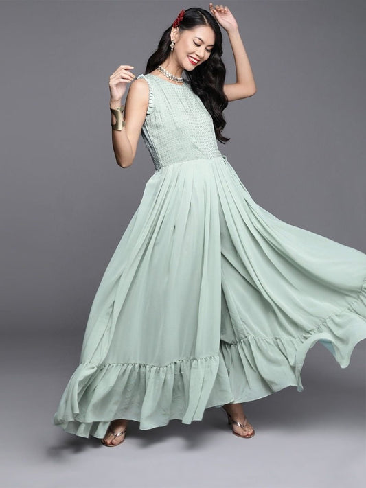 Green Poly Georgette Embroidered Jumpsuit - inddus-us