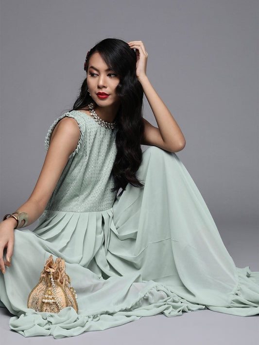 Green Poly Georgette Embroidered Jumpsuit - inddus-us