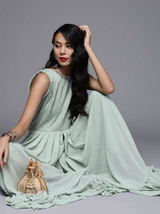 Green Poly Georgette Embroidered Jumpsuit - inddus-us