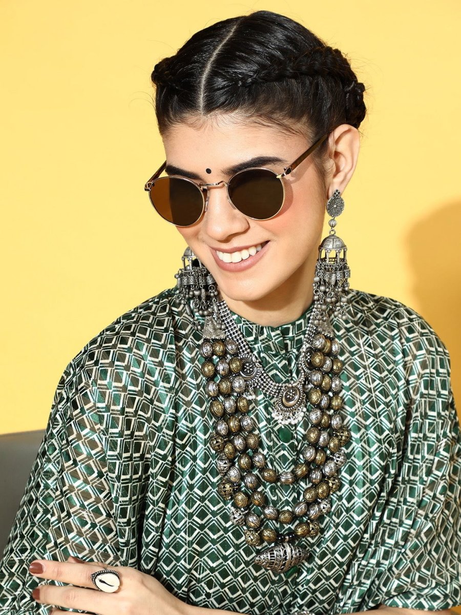 Green Polyester Partywear Geometric Dresses - Inddus.com