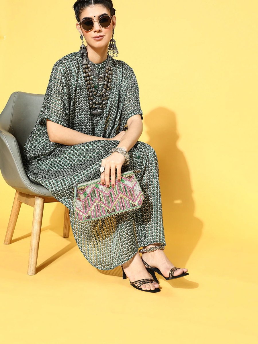 Green Polyester Partywear Geometric Dresses - Inddus.com