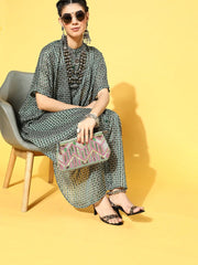 Green Polyester Partywear Geometric Dresses - Inddus.com