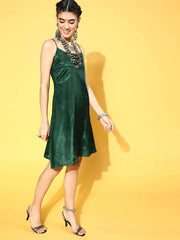 Green Polyester Partywear Geometric Dresses - Inddus.com
