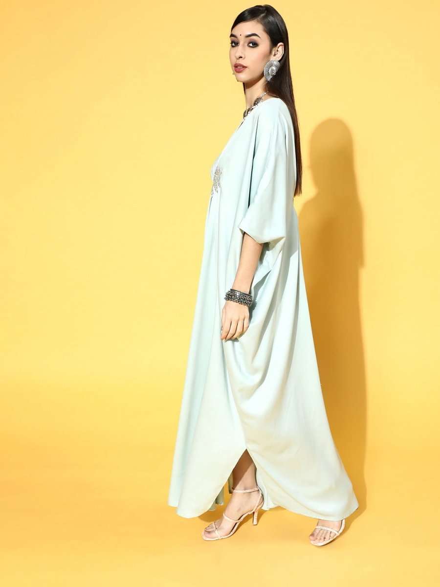 Green Polyester Partywear Solid Dresses - Inddus.com