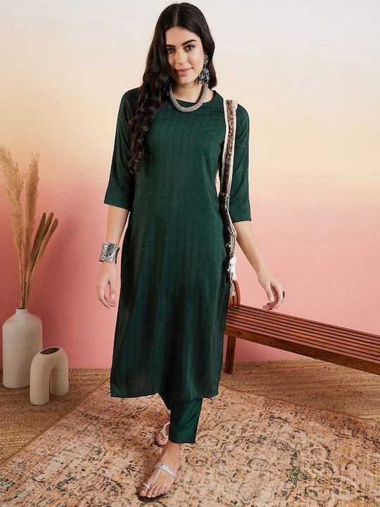 Green Regular Sequinned Straight Kurta With Trouser - Inddus.com