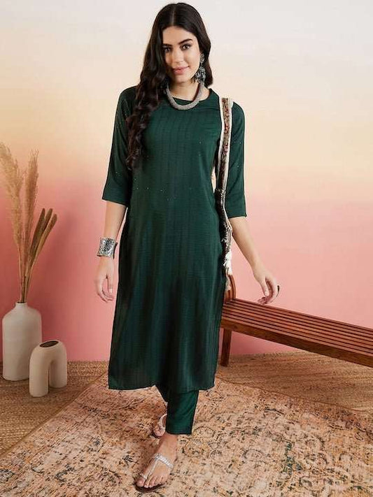 Green Regular Sequinned Straight Kurta With Trouser - Inddus.com