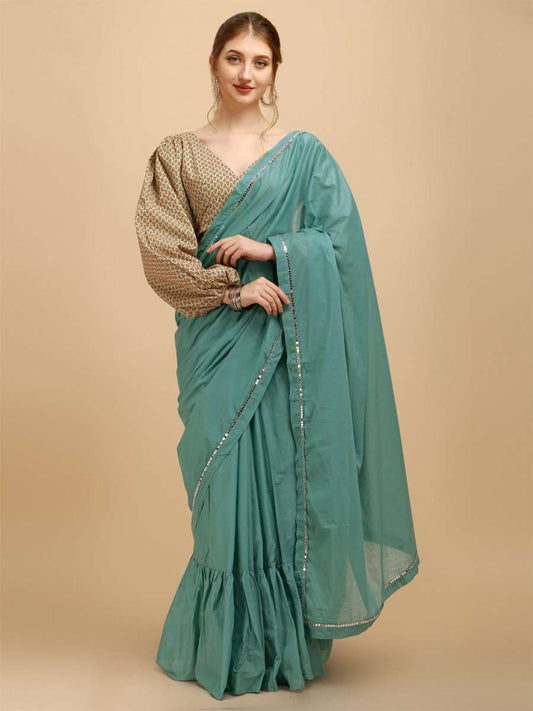 Green Ruffled Saree - Inddus.com