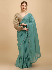 Green Ruffled Saree - Inddus.com