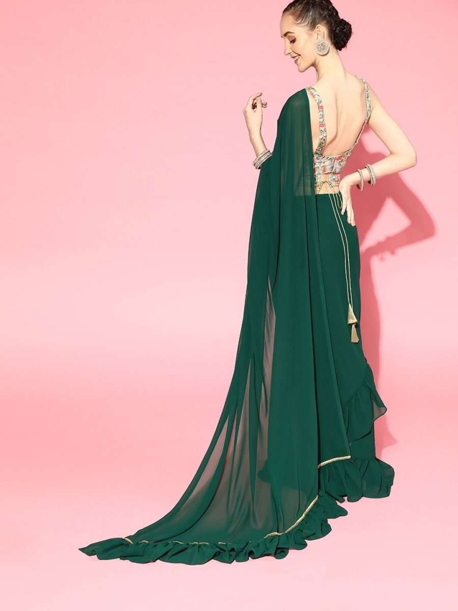 Green Ruffled Saree with Embroidered Belt - inddus-us