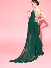 Green Ruffled Saree with Embroidered Belt - inddus-us