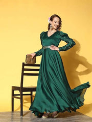 Green Satin Maxi Dress - Inddus.com