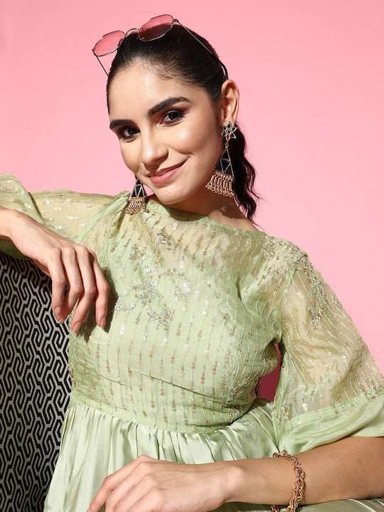Green Satin Tiered Maxi Dress With Embroidered Jacket - Inddus.com