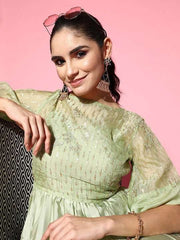 Green Satin Tiered Maxi Dress With Embroidered Jacket - Inddus.com