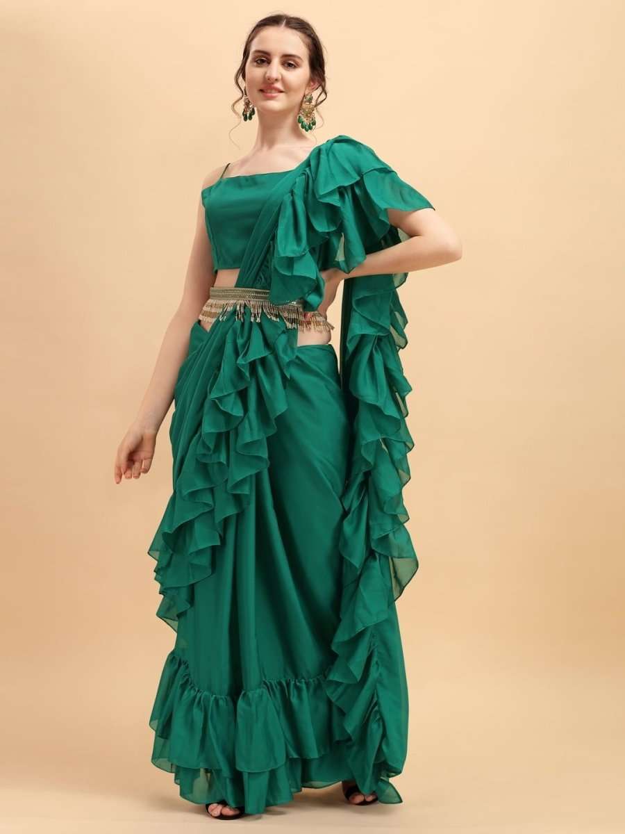 Green Solid Ruffled Saree with Belt - inddus-us