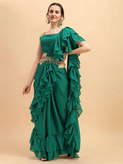 Green Solid Ruffled Saree with Belt - inddus-us