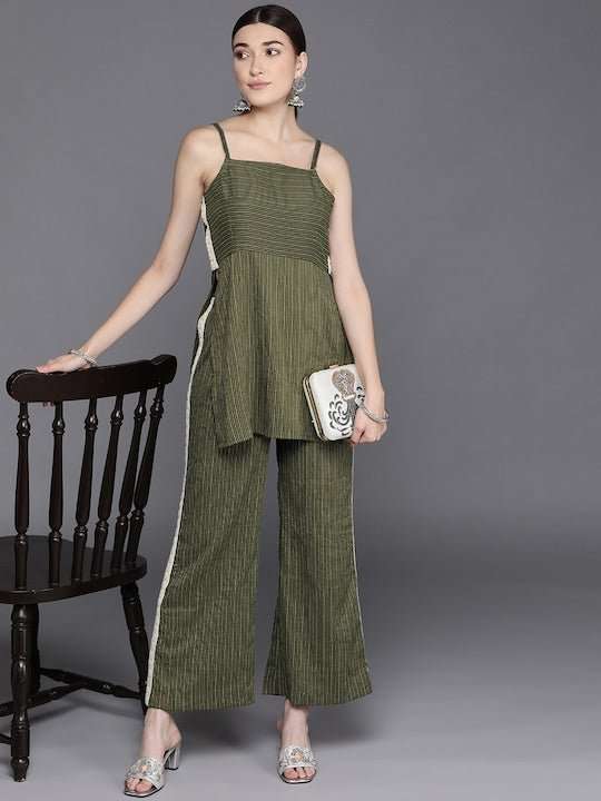 Green Striped Shoulder Straps Kurti with Palazzos - Inddus.com