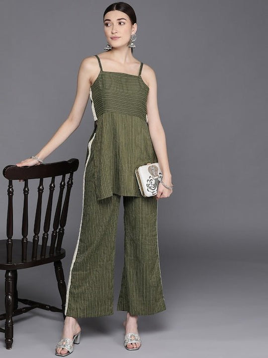 Green Striped Shoulder Straps Kurti with Palazzos - Inddus.com