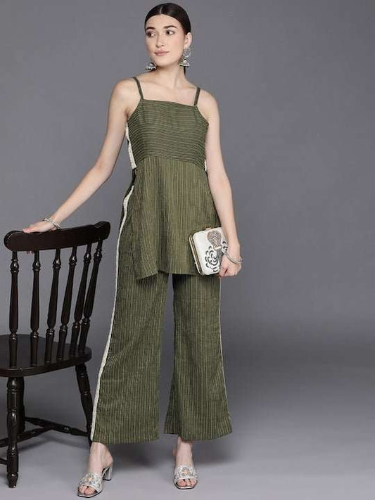 Green Striped Shoulder Straps Kurti with Palazzos - Inddus.com